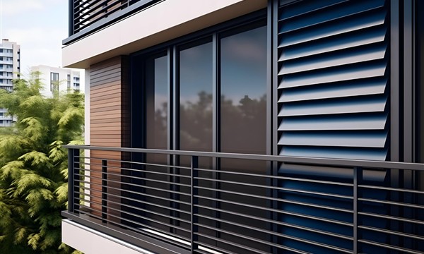 Aluminium louvre screens installed beside glazed openings on a modern building facade