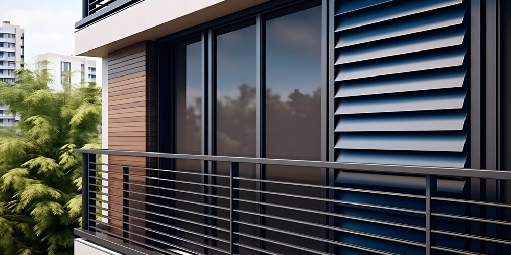 Aluminium louvre screens installed beside glazed openings on a modern building facade