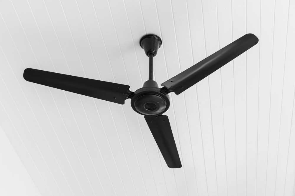 Black ceiling fan showing blade span and ceiling clearance