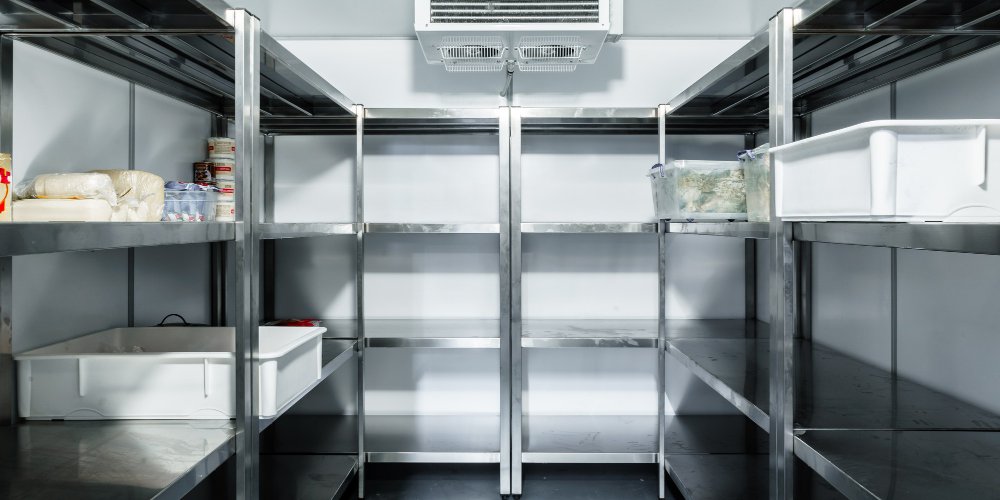 Walk-in cold room interior with shelving and evaporator unit in Malaysia