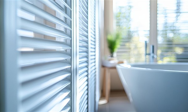 Close view of aluminium louvre blades beside a bathroom window