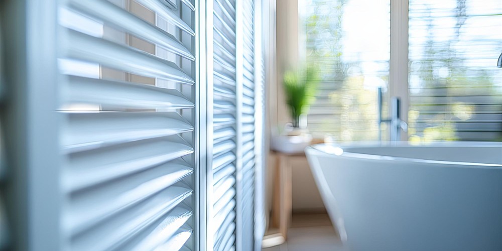 Close view of aluminium louvre blades beside a bathroom window