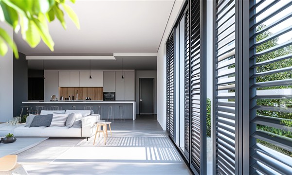 Open aluminium louvre panels providing daylight and ventilation to a modern living space