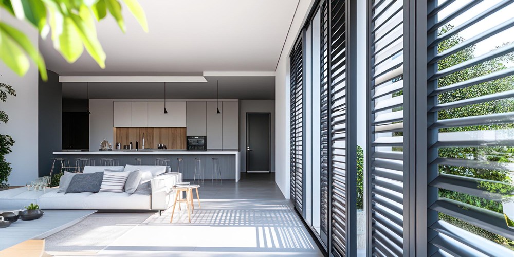 Open aluminium louvre panels providing daylight and ventilation to a modern living space