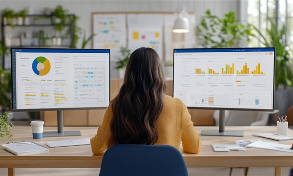 Analyst measuring website search traffic and performance across two monitors