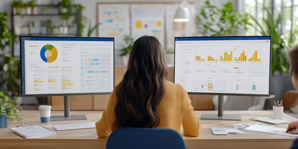 Analyst measuring website search traffic and performance across two monitors