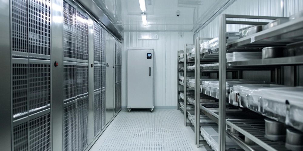 Walk-in chiller and freezer storage room with racks and insulated panels